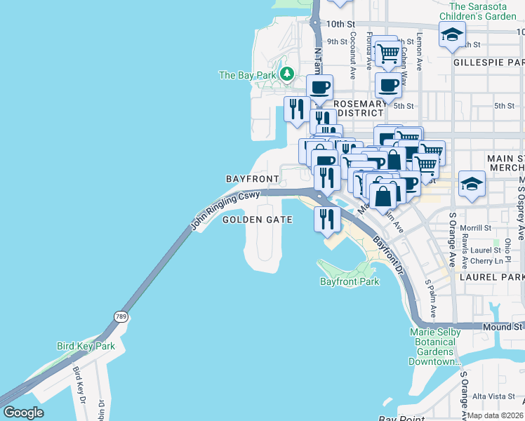 map of restaurants, bars, coffee shops, grocery stores, and more near in Sarasota