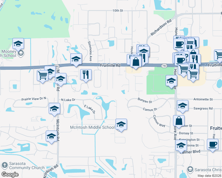 map of restaurants, bars, coffee shops, grocery stores, and more near 152 Christie Avenue in Sarasota