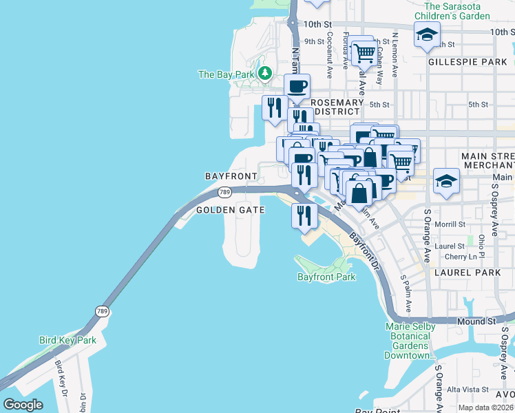 map of restaurants, bars, coffee shops, grocery stores, and more near 632 Golden Gate Point in Sarasota