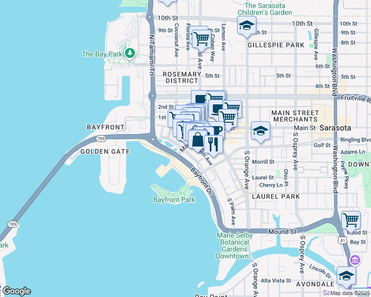 map of restaurants, bars, coffee shops, grocery stores, and more near 33 South Gulfstream Avenue in Sarasota
