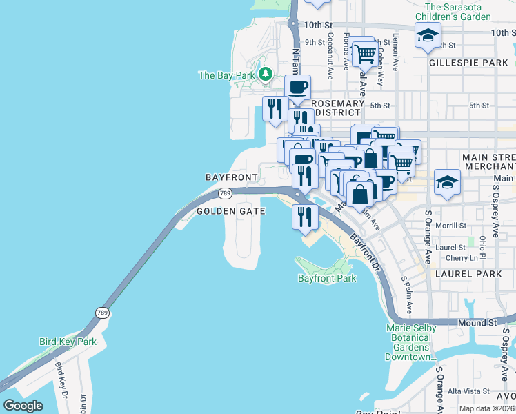 map of restaurants, bars, coffee shops, grocery stores, and more near 632 Golden Gate Point in Sarasota