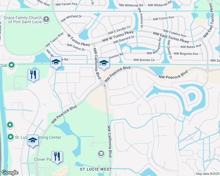 map of restaurants, bars, coffee shops, grocery stores, and more near 343 Northwest Breezy Point Loop in Port St. Lucie