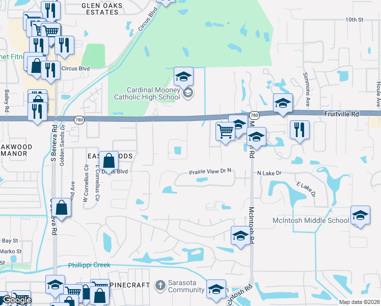 map of restaurants, bars, coffee shops, grocery stores, and more near 145 Mimosa Circle in Sarasota