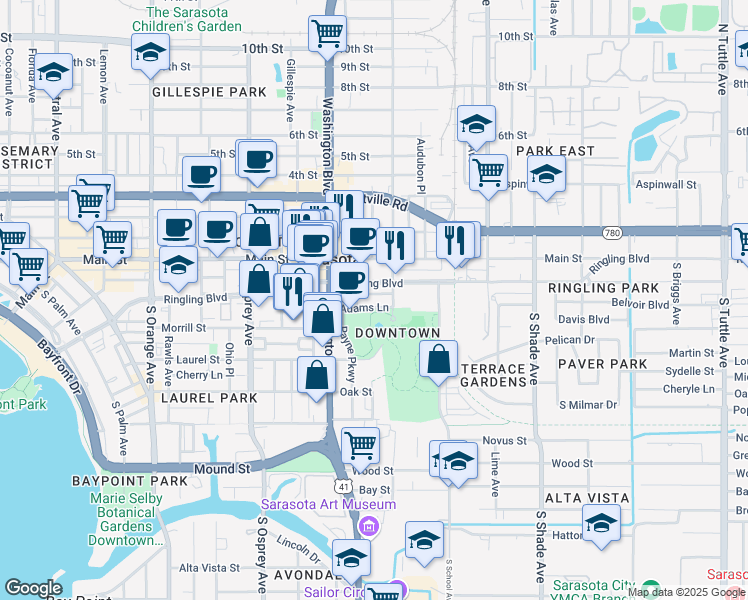map of restaurants, bars, coffee shops, grocery stores, and more near 2099 East Avenue in Sarasota