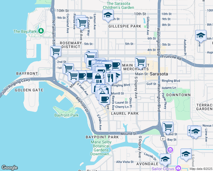map of restaurants, bars, coffee shops, grocery stores, and more near 200 South Orange Avenue in Sarasota