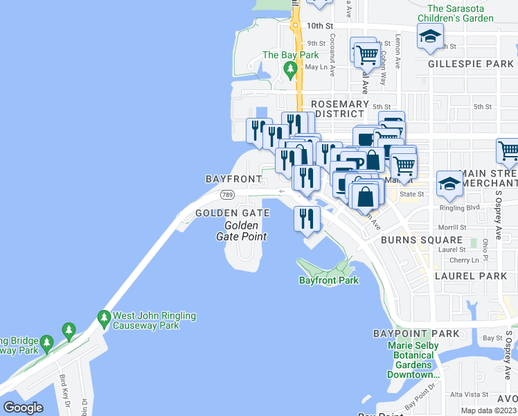 map of restaurants, bars, coffee shops, grocery stores, and more near 632 Golden Gate Point in Sarasota