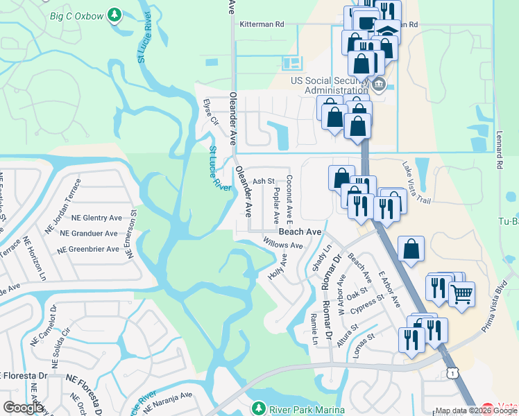 map of restaurants, bars, coffee shops, grocery stores, and more near 412 Willows Avenue in Port St. Lucie