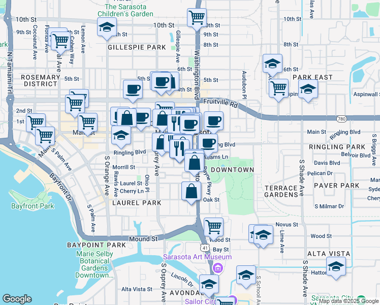map of restaurants, bars, coffee shops, grocery stores, and more near 1974 Adams Lane in Sarasota