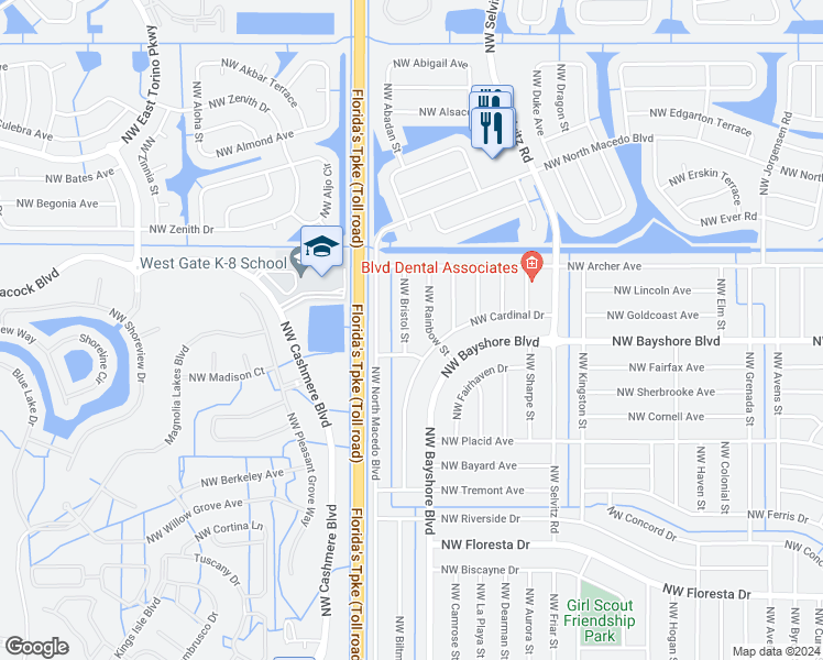 map of restaurants, bars, coffee shops, grocery stores, and more near 725 Northwest Bristol Street in Port St. Lucie