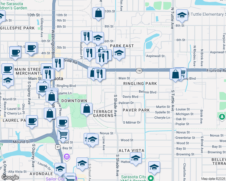 map of restaurants, bars, coffee shops, grocery stores, and more near 200 South Shade Avenue in Sarasota
