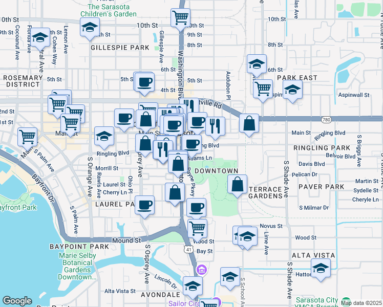 map of restaurants, bars, coffee shops, grocery stores, and more near 2002 Ringling Boulevard in Sarasota