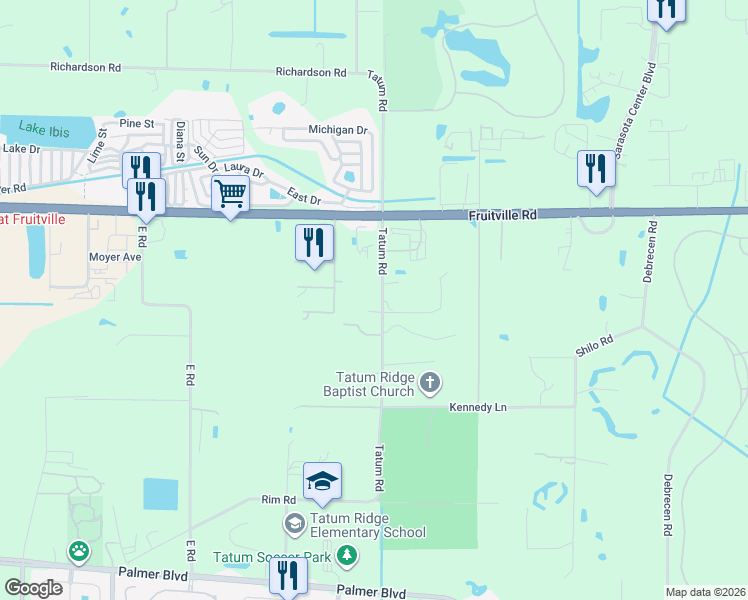 map of restaurants, bars, coffee shops, grocery stores, and more near 154 Tatum Road in Sarasota