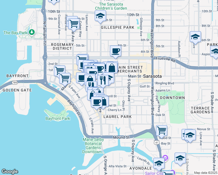 map of restaurants, bars, coffee shops, grocery stores, and more near in Sarasota