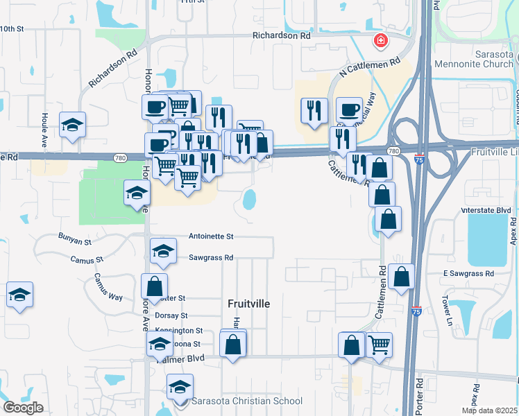 map of restaurants, bars, coffee shops, grocery stores, and more near 101 Electric Boulevard in Sarasota