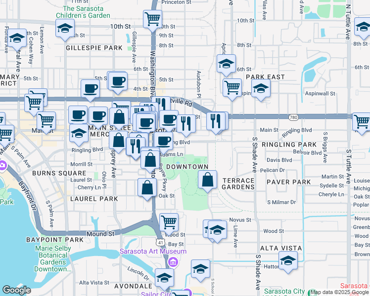 map of restaurants, bars, coffee shops, grocery stores, and more near South East Avenue in Sarasota