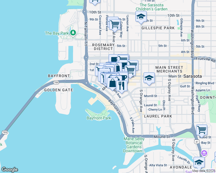 map of restaurants, bars, coffee shops, grocery stores, and more near 33 South Gulfstream Avenue in Sarasota