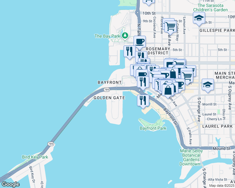 map of restaurants, bars, coffee shops, grocery stores, and more near 632 Golden Gate Point in Sarasota