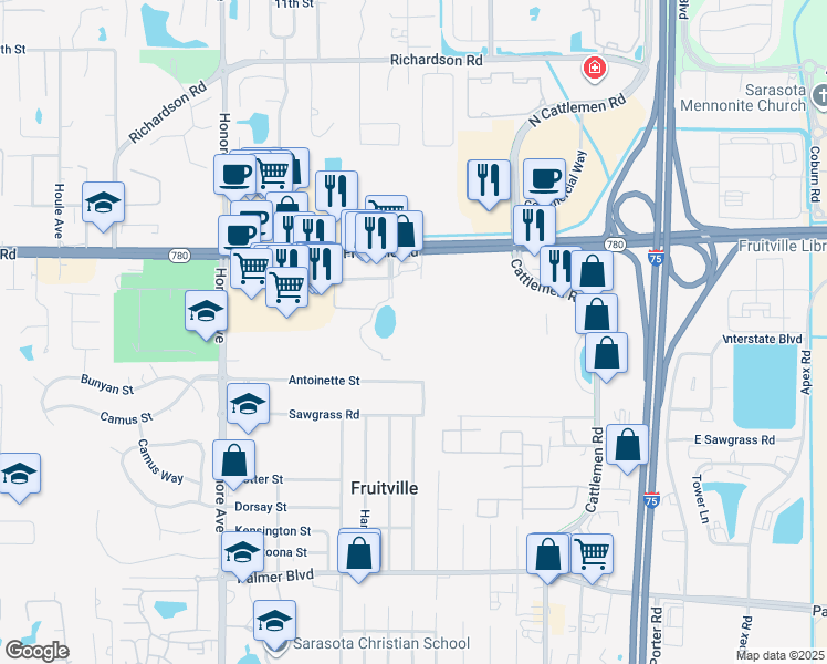 map of restaurants, bars, coffee shops, grocery stores, and more near 3665 Bee Ridge Road in Sarasota