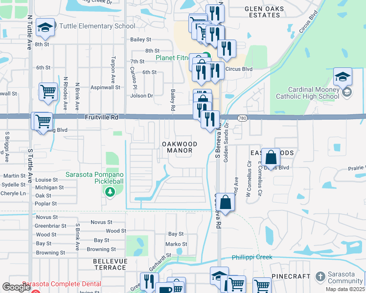 map of restaurants, bars, coffee shops, grocery stores, and more near 3400 Fruitville Road in Sarasota