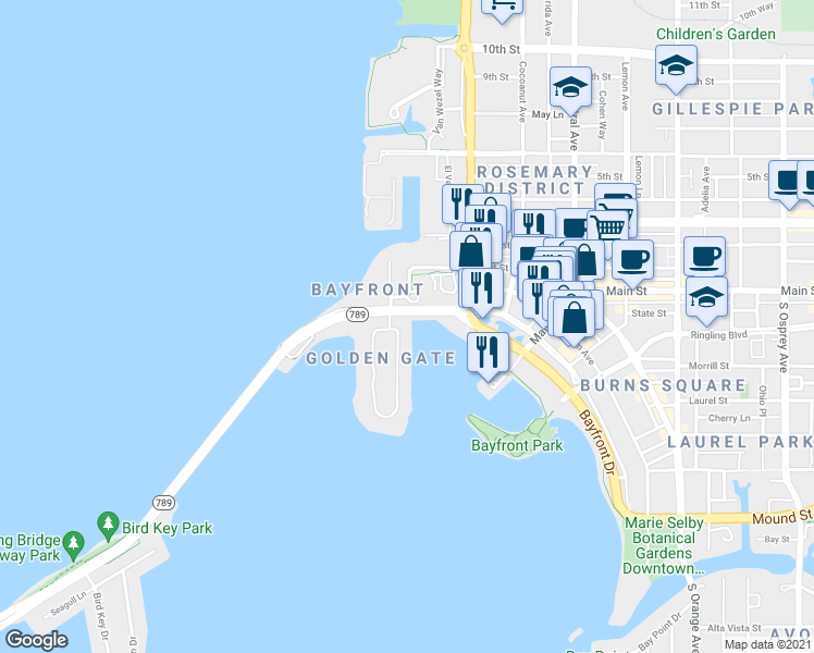 map of restaurants, bars, coffee shops, grocery stores, and more near 632 Golden Gate Point in Sarasota