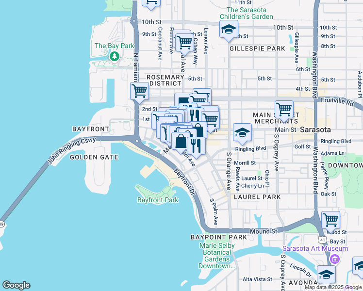 map of restaurants, bars, coffee shops, grocery stores, and more near 33 South Gulfstream Avenue in Sarasota