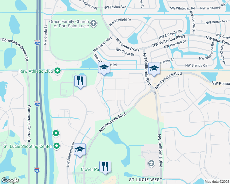 map of restaurants, bars, coffee shops, grocery stores, and more near 800 Northwest Peacock Boulevard in Port St. Lucie