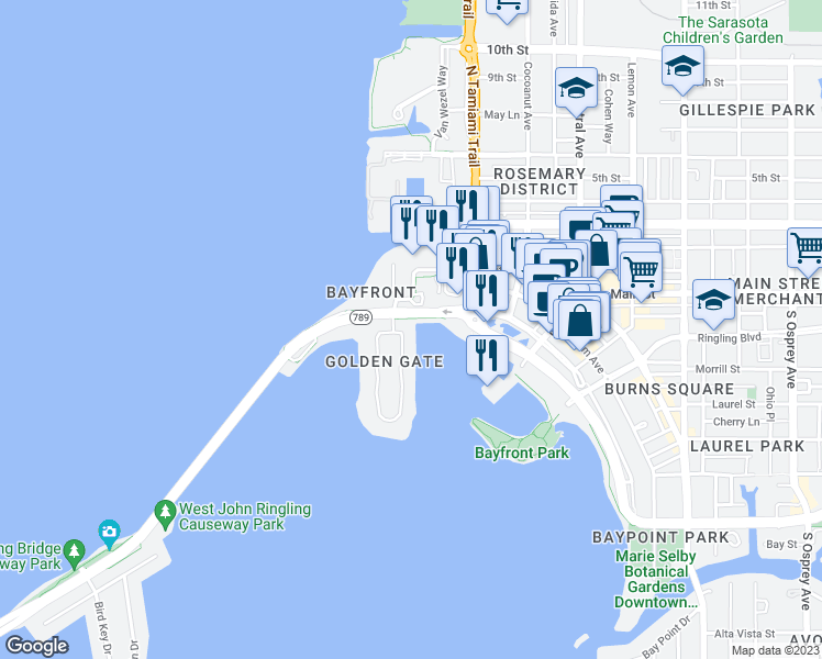 map of restaurants, bars, coffee shops, grocery stores, and more near 632 Golden Gate Point in Sarasota