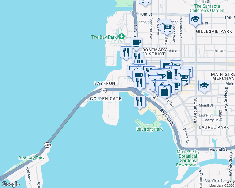 map of restaurants, bars, coffee shops, grocery stores, and more near 632 Golden Gate Point in Sarasota