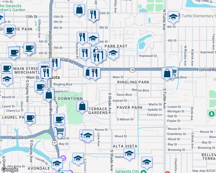 map of restaurants, bars, coffee shops, grocery stores, and more near 2304 Ringling Boulevard in Sarasota