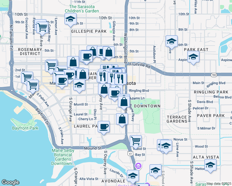 map of restaurants, bars, coffee shops, grocery stores, and more near 11 South Links Avenue in Sarasota