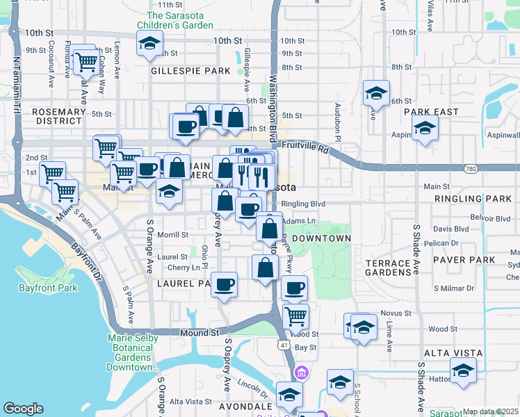 map of restaurants, bars, coffee shops, grocery stores, and more near in Sarasota