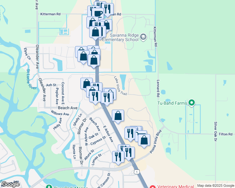 map of restaurants, bars, coffee shops, grocery stores, and more near 1 Lake Vista Trail in Port St. Lucie