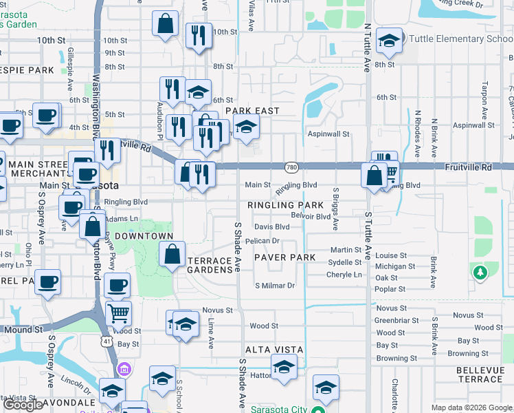 map of restaurants, bars, coffee shops, grocery stores, and more near 2461 Ringling Boulevard in Sarasota