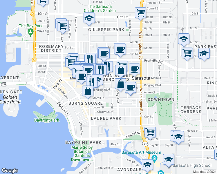 map of restaurants, bars, coffee shops, grocery stores, and more near 1718 Main Street in Sarasota