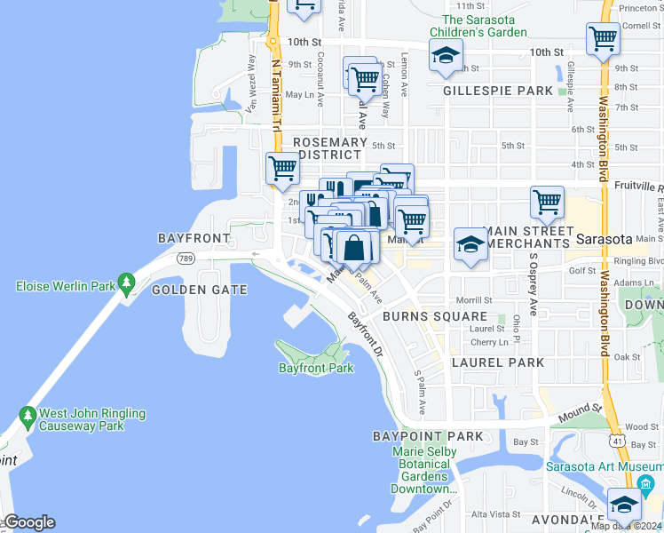 map of restaurants, bars, coffee shops, grocery stores, and more near 1355 Main Street in Sarasota