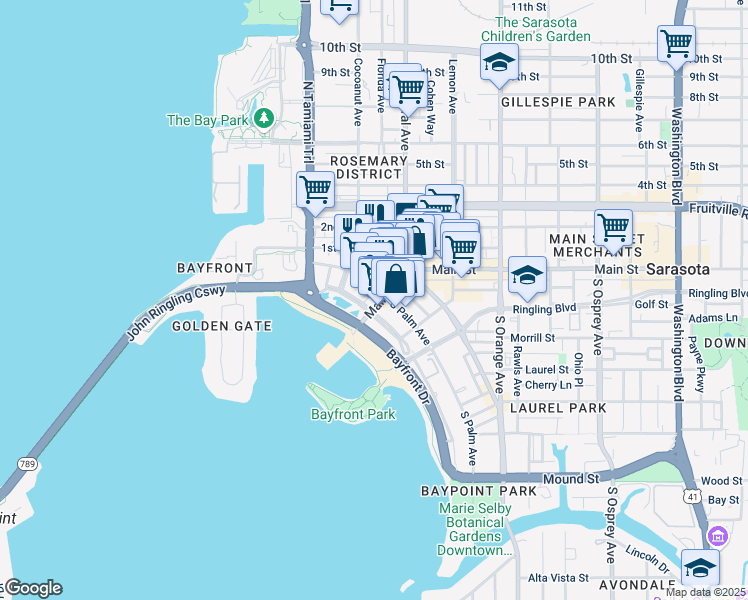 map of restaurants, bars, coffee shops, grocery stores, and more near 1355 Main Street in Sarasota