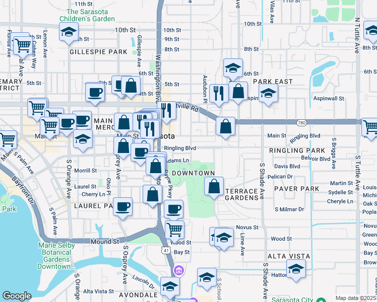map of restaurants, bars, coffee shops, grocery stores, and more near 2071 Ringling Boulevard in Sarasota