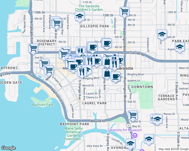 map of restaurants, bars, coffee shops, grocery stores, and more near 1718 Main Street in Sarasota