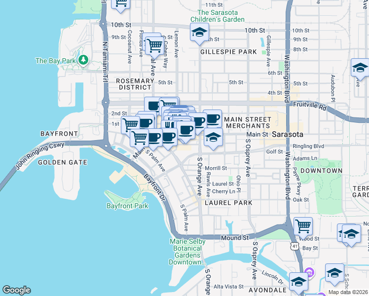 map of restaurants, bars, coffee shops, grocery stores, and more near 1537 Main Street in Sarasota