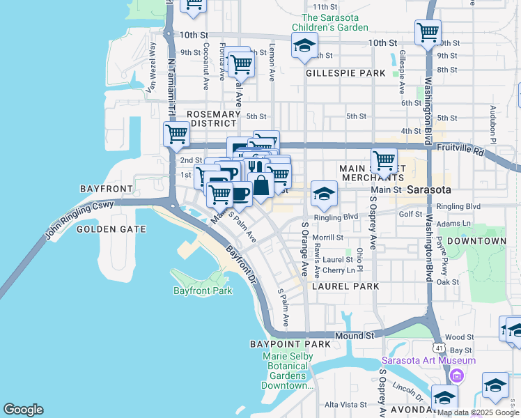 map of restaurants, bars, coffee shops, grocery stores, and more near 420 South Pineapple Avenue in Sarasota