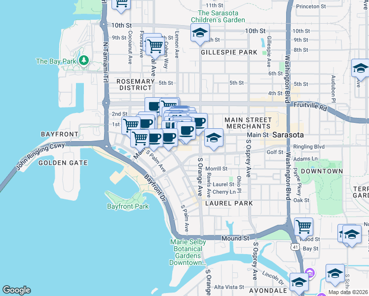 map of restaurants, bars, coffee shops, grocery stores, and more near in Sarasota