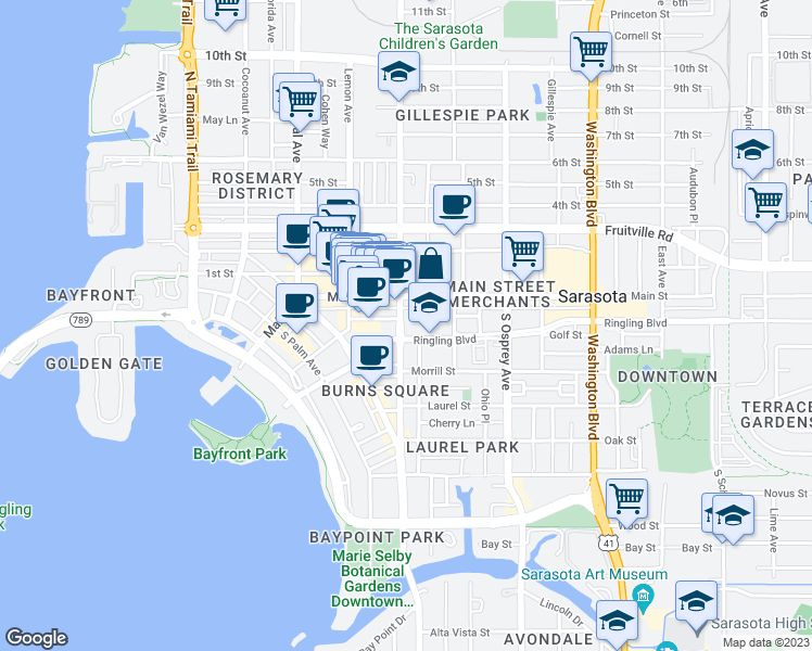 map of restaurants, bars, coffee shops, grocery stores, and more near 111 South Orange Avenue in Sarasota