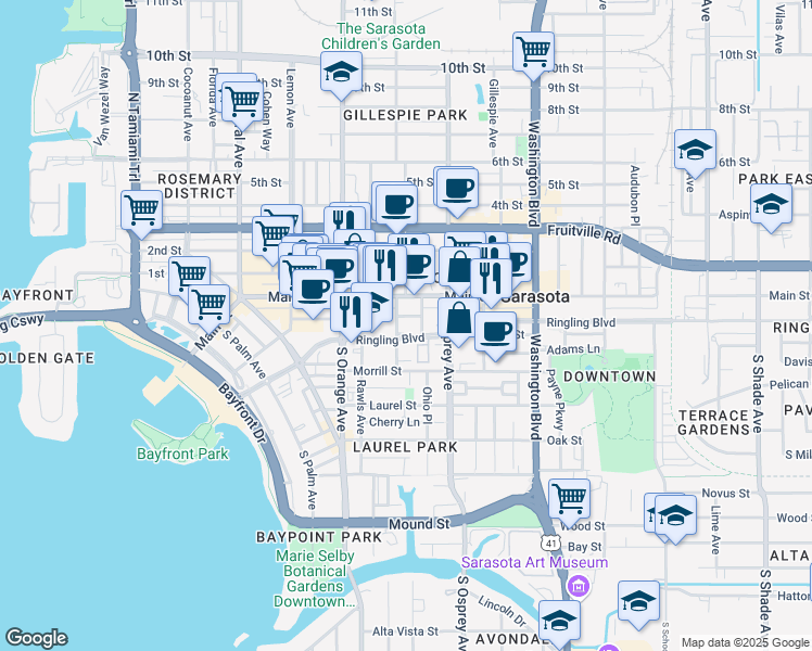 map of restaurants, bars, coffee shops, grocery stores, and more near 1718 Main Street in Sarasota