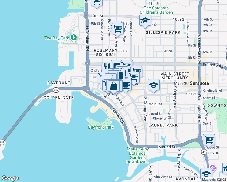map of restaurants, bars, coffee shops, grocery stores, and more near 1355 Main Street in Sarasota