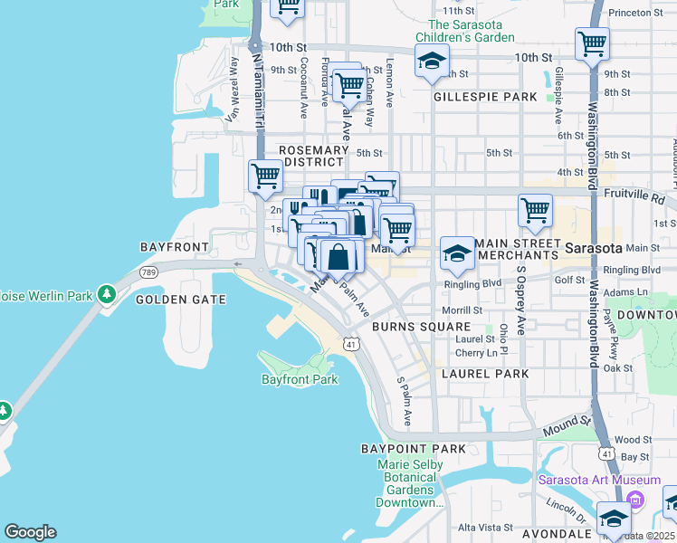map of restaurants, bars, coffee shops, grocery stores, and more near 1355 Main Street in Sarasota