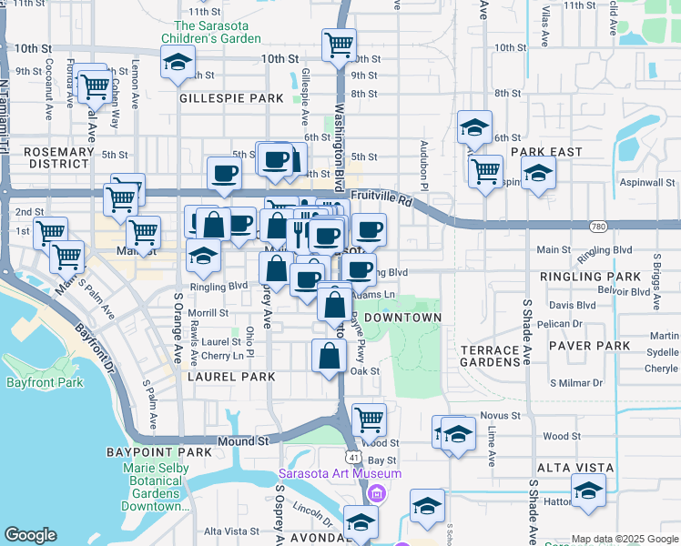 map of restaurants, bars, coffee shops, grocery stores, and more near in Sarasota
