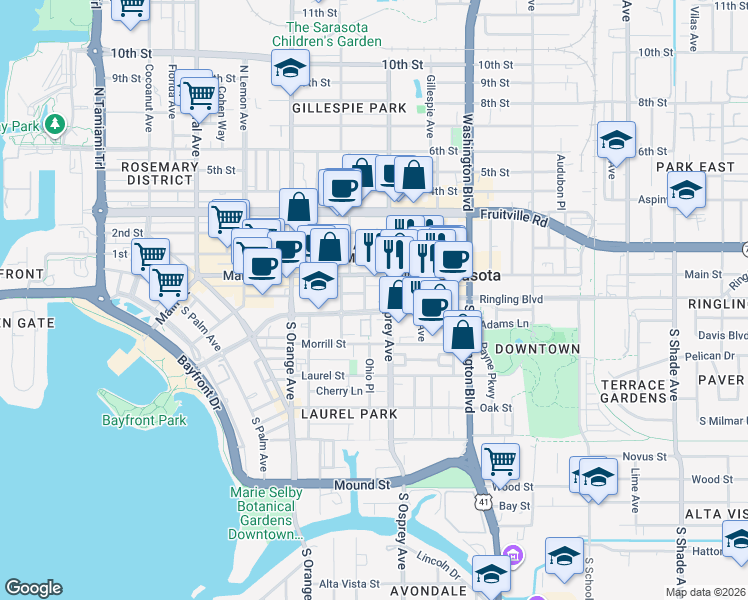 map of restaurants, bars, coffee shops, grocery stores, and more near 32 South Osprey Avenue in Sarasota
