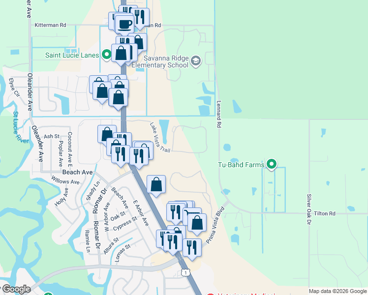 map of restaurants, bars, coffee shops, grocery stores, and more near 20 Lake Vista Trail in Port St. Lucie