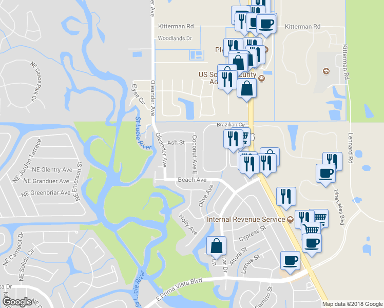 map of restaurants, bars, coffee shops, grocery stores, and more near 418 Coconut Avenue East in Port Saint Lucie
