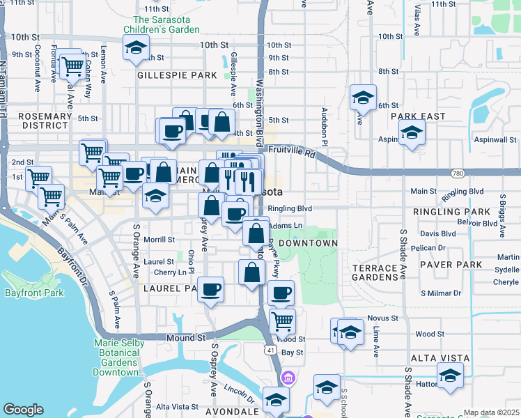 map of restaurants, bars, coffee shops, grocery stores, and more near 2002 Ringling Boulevard in Sarasota